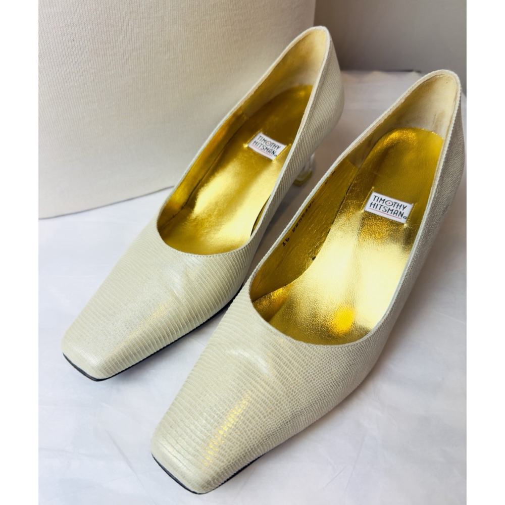 Timothy Housman Ivory Shimmer Leather Block Heel Pumps Size 8